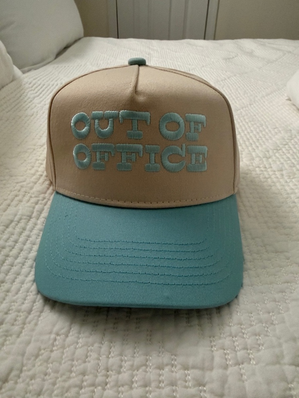 Beige and Light Blue "OUT OF OFFICE" Trucker Cap